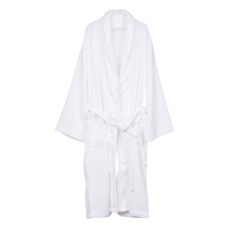 Shawl collar white cotton velour grid hotel bathrobe