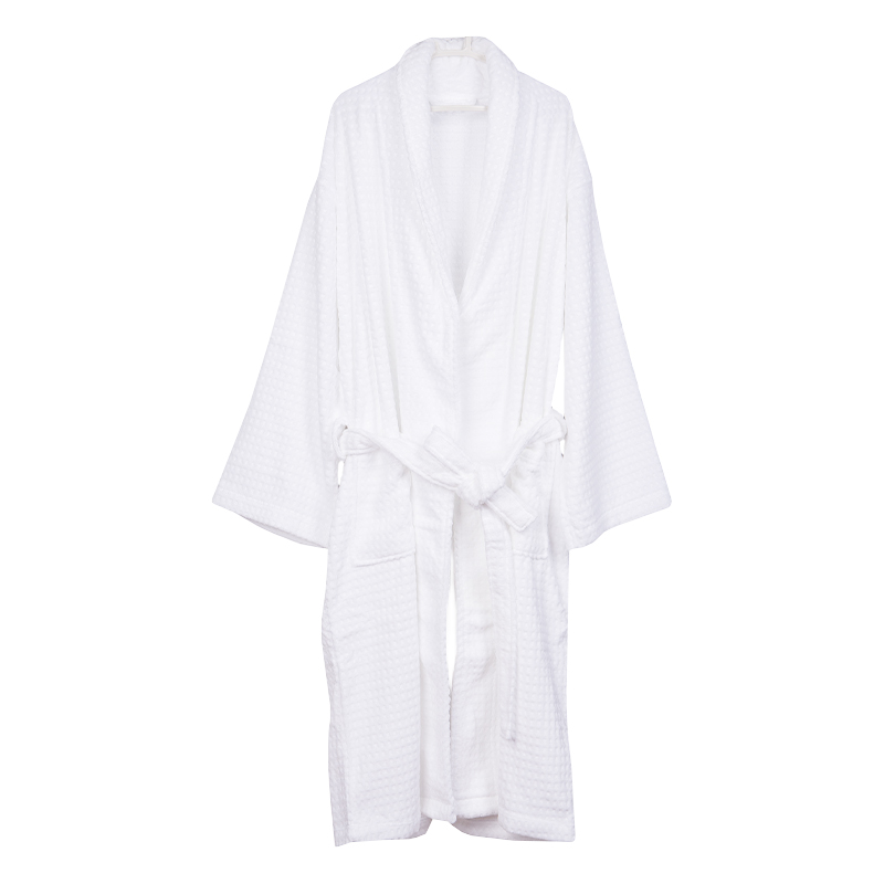 Shawl collar white cotton velour grid hotel bathrobe